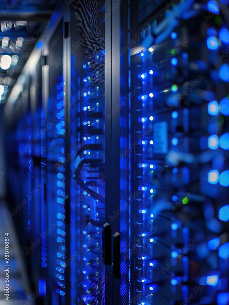A server room glowing with blue lights, housing powerful machines for cloud data processing