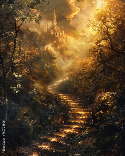 A pathway leading to a distant city of gold, embodying the journey and destination of successful endeavors