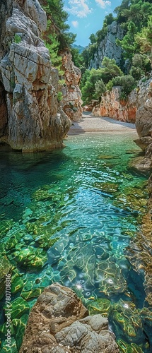 A secluded beach cove with crystalclear water, surrounded by rocky cliffs and lush greenery, completely deserted photo