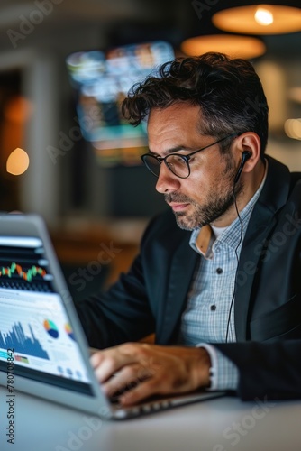 A stockbroker analyzing realtime market data on a laptop, making decisions on buy and sell orders