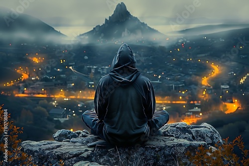 Man sitting on a rock, staring, wearing a black hooded cap