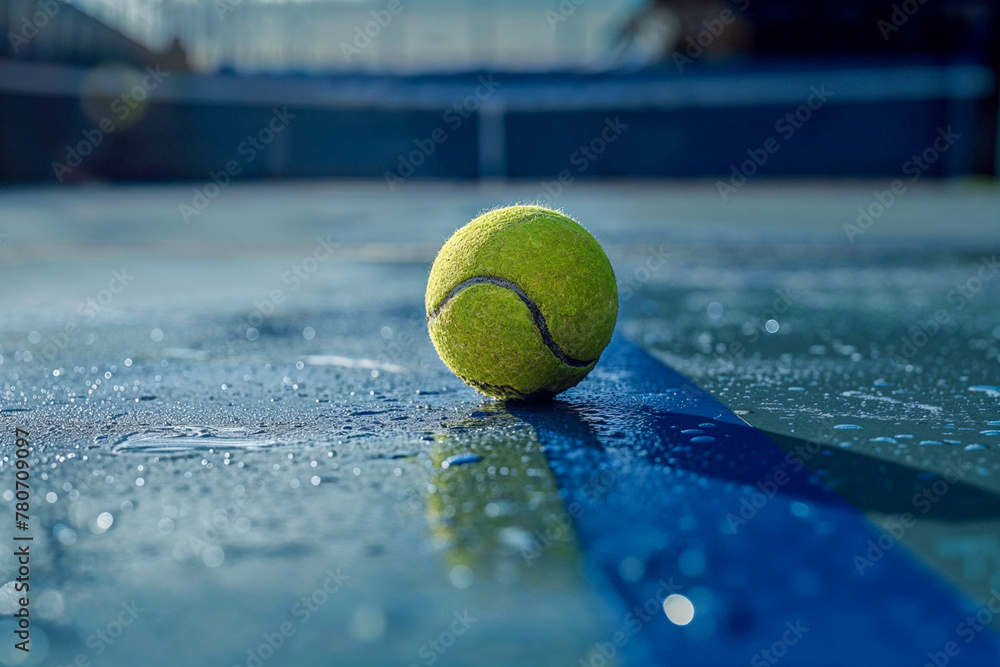 A ball on the blue hard tennis court wet to the rain, suspended match
