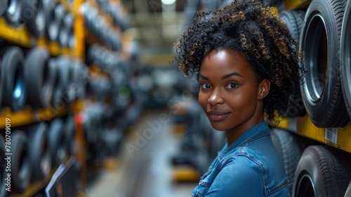 A black woman holds a flipchart as engineers inspect auto parts in warehouses and factories. photo