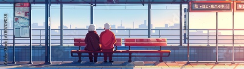 An elderly couple on a sky train platform bench, quietly observing the hustle and bustle, a serene island in a sea of activity photo