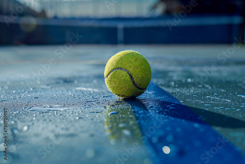 A ball on the blue hard tennis court wet to the rain, suspended match © Giordano Aita