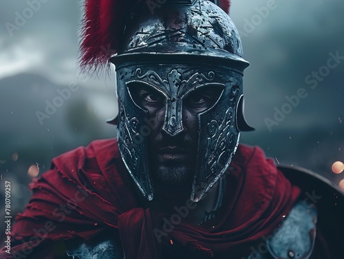 Closeup of an ancient Greek soldier in armor, helmet with red plume, cloak over shoulders, determined look, dark, blurred battlefield background, dramatic lighting