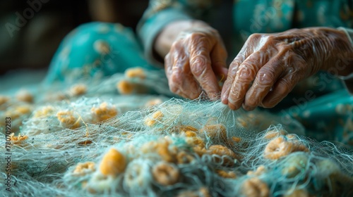A woman sews the fishnet. Fisherman repairs fishing net at home with a needle and thread. photo