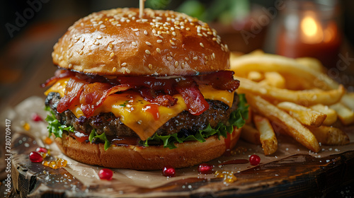 Yummy tasty close-up of cheeseburger