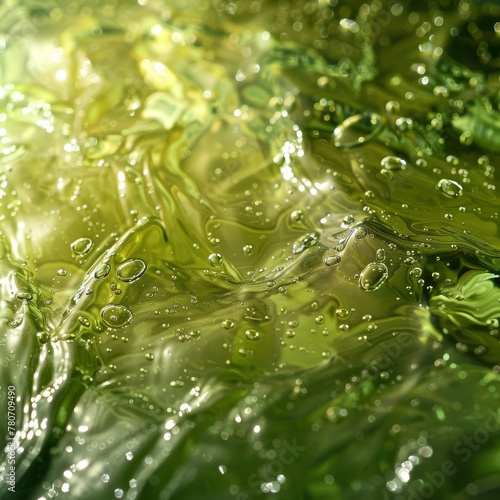 Close-up of herbal refreshment, droplets glistening on vibrant green, rejuvenating aura