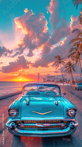 Screensaver wallpapers for smartphone. Vintage car. A classic convertible cruising down a coastal highway at sunset, with the ocean glittering one side. © Katerina Bond