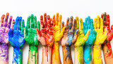 A minimalist design featuring a series of hands raised up, each painted in the different colors, against a white background, symbolizing solidarity and diversity, with copy space.