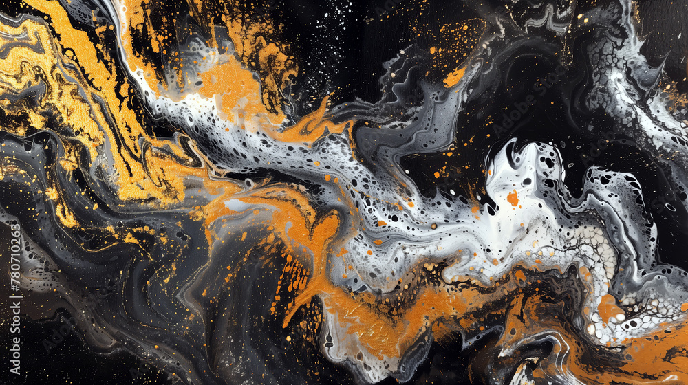 Abstract Cosmic Dance, Golden Flecks with Monochromatic Whirls on Dark Backdrop..