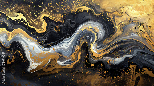 Golden Streams and Silver Curves on Black Abstract Background, Artistic Fluid Design