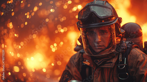 Close-up portrait of a firefighter in uniform, with fire and smoke in the background. Dangerous work concept.