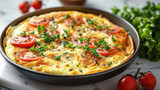 A dish prepared by a food blogger, an omelette with vegetables and herbs. Healthy breakfast.