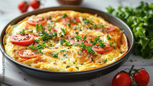 A dish prepared by a food blogger, an omelette with vegetables and herbs. Healthy breakfast.