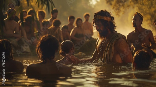 John the Baptist baptizes people in the river Jordan photo