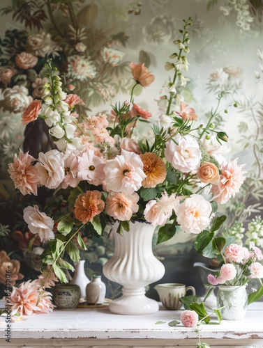 A flower vase with cottage garden flowers on a white table. Romantic compositions, still life. © Katerina Bond