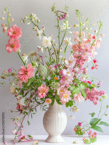 A flower vase with cottage garden flowers on a white table. Romantic compositions, still life. photo