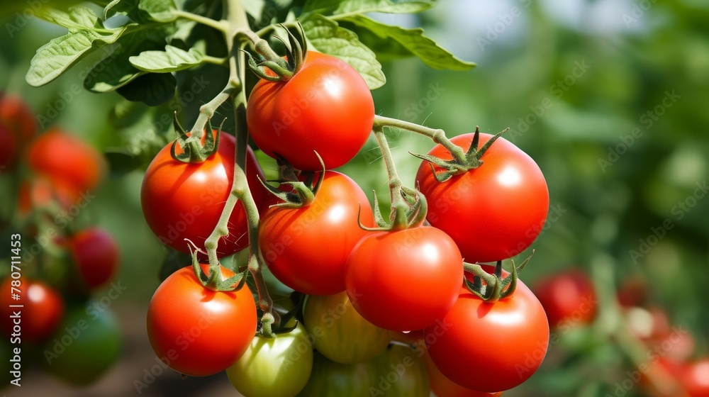 Ripe and juicy tomatoes growing on plant