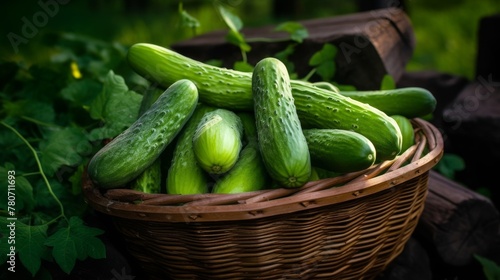 Charming display of fresh green cucumbers in a basket