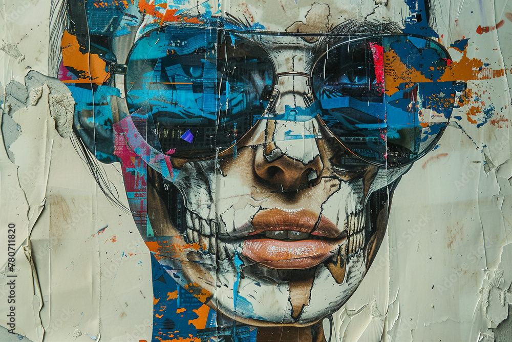 Fototapeta premium Collage portrait painting facial closeup eye contact print design art poster Generative AI technology