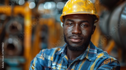 Factory worker posing with a smile. Professional African-American worker controlling the work.