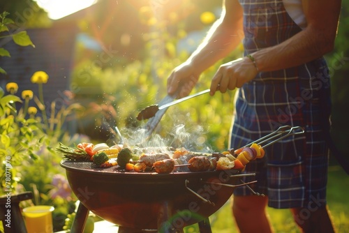 Person grilling barbecue skewers in a garden at sunset, summer outdoor cooking.