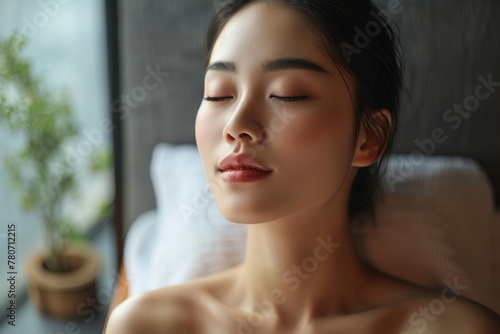 リラックスしているアジア人女性の美容イメージ（スキンケア・ボディケア・エステサロン）, Generative AI photo
