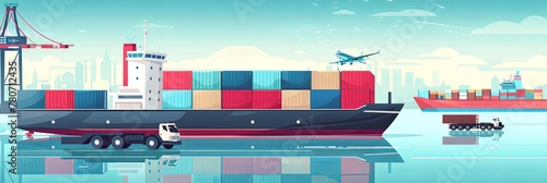 Freight transport, cargo transportation of goods by sea, rail, land and air, transportation and logistics banner illustration