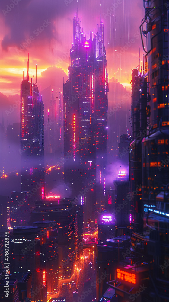 Cyberpunk metropolis, neon lights, towering skyscrapers, class disparity, technologys grip on society, challenging humanitys ethics 3D Render, Silhouette Lighting, Chromatic Aberration