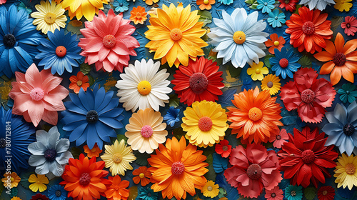Colorful paper flowers background. A vibrant assortment of crafted flora in red, orange, yellow, blue, and white hues, ideal for spring-themed designs and creative projects.