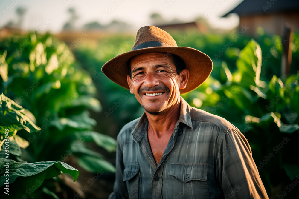 Portrait of a happy 50 year old farmer looking at the camera and smiling in a tobacco field. Generative Ai.