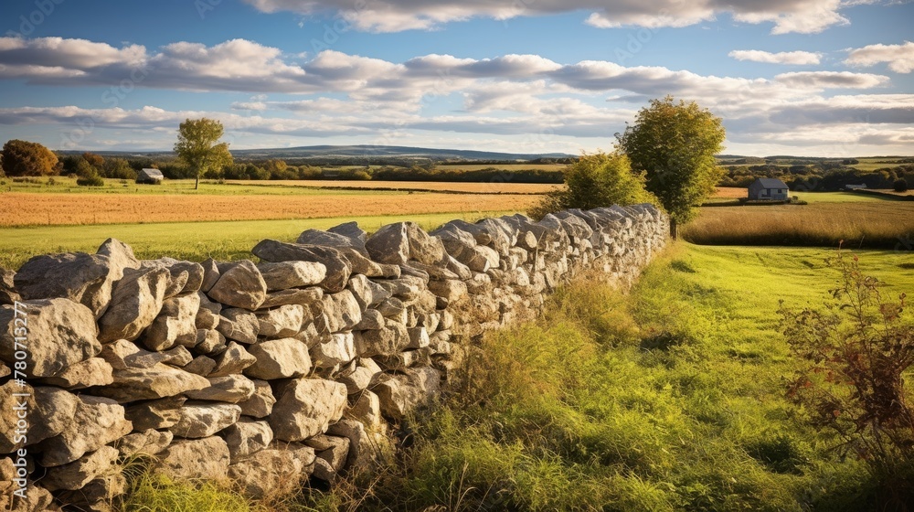 Stone wall enclosing a charming farm landscape