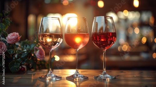 The warm light of a loft restaurant makes wine glasses glow