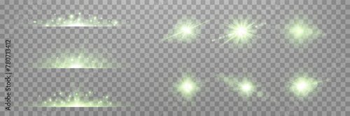Green lens flares set. Isolated on transparent background. Sun flash with rays or spotlight and bokeh. Glow flare light effect. Vector illustration. © Elena