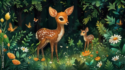Enchanted Forest Scene with Cute Deer and Butterflies © andriyyavor
