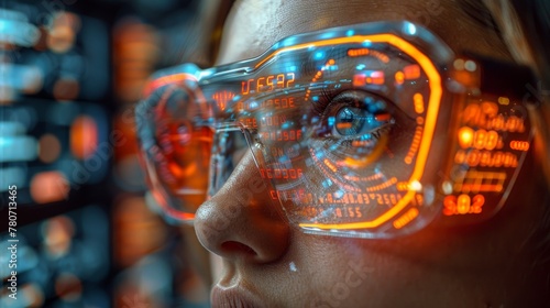 Vision into the future through smart glasses and augmented reality. Woman wearing modern spectacles with futuristic screens. Virtual technology. Close-up of an eye surrounded by business statistics.