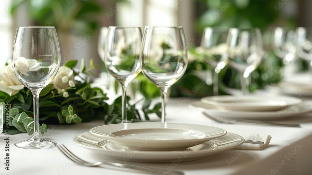 Plates, napkins, wine glasses, and flower decorations isolated on white