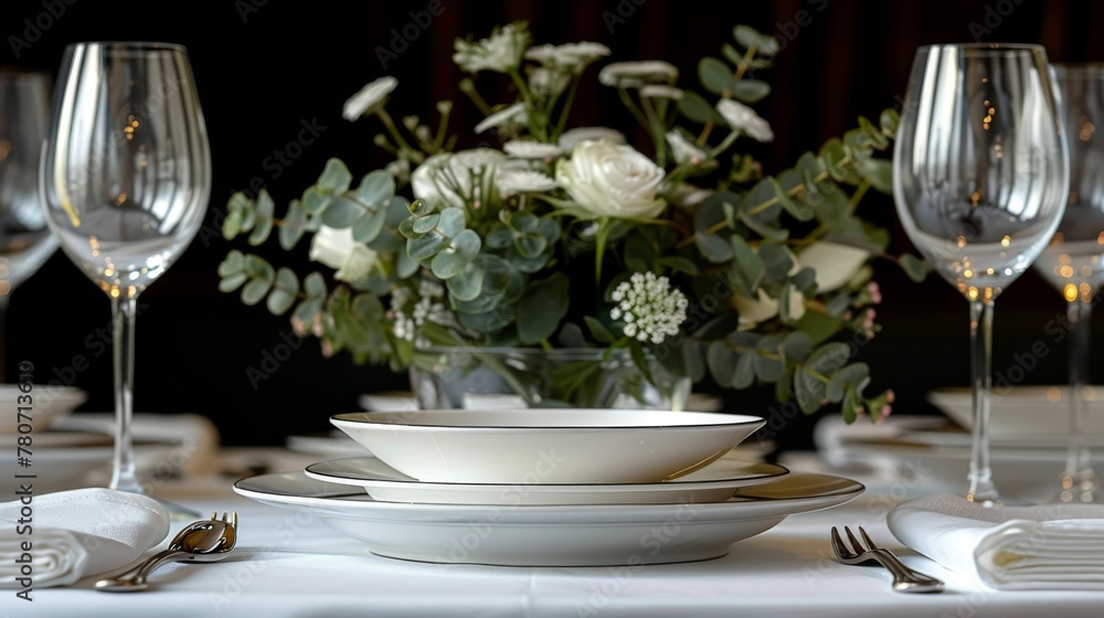 White background with plates, napkins, wine glasses, and flower decoration