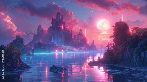 mystical fantasy cityscape with glowing lights under a full moon, surrounded by tranquil waters and dramatic clouds