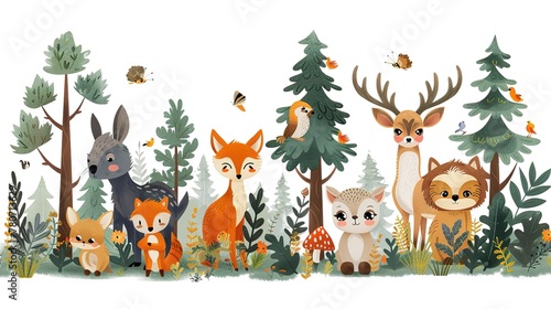 Woodland Animals Gathering in a Whimsical Forest Scene