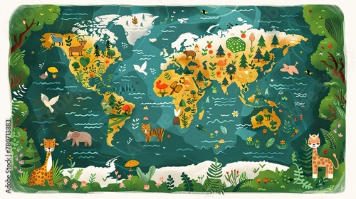 Photography Whimsical Illustrated World Map with Animals and Plants