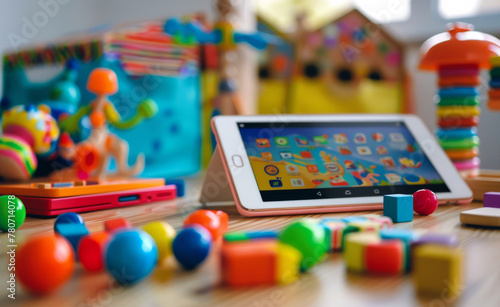 Tablet screen displaying an educational app for children, surrounded by colorful educational toys, emphasizing technology in early education.