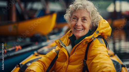  Senior Woman in Yellow Jacket Enjoying Kayaking Adventure © Karina