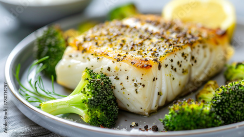 A delicious, perfectly seared fillet of white fish, seasoned with herbs and black pepper, served alongside tender broccoli and a slice of fresh lemon photo