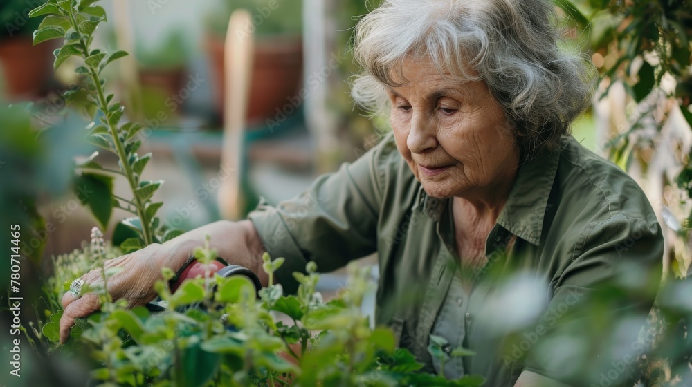 Fototapeta premium Elderly Woman Tenderly Caring for Plants in Her Garden