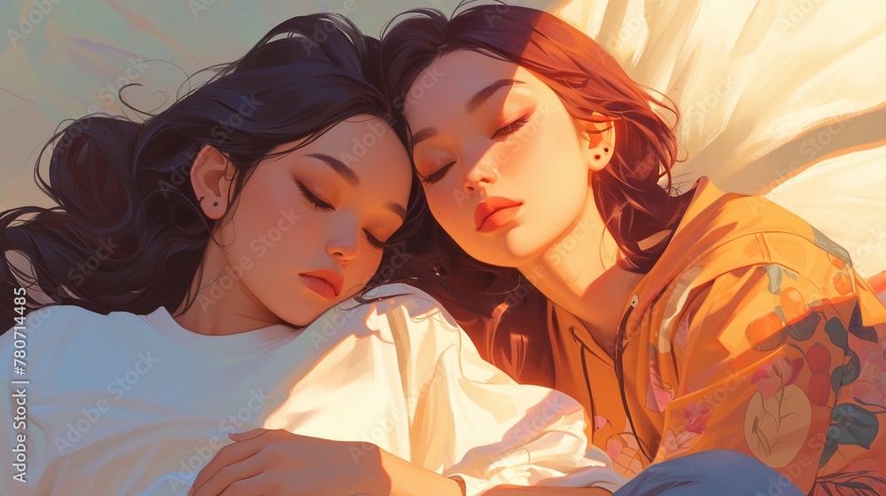 Illustration of two girls hugging each other, LGBT lesbian couple, love moments, happiness concept, two women hugging, sweet moment, girls love. Illustration of two girls hugging each other, LGBT lesbian couple, love moments, happiness concept, two women hugging, sweet moment, girls love.