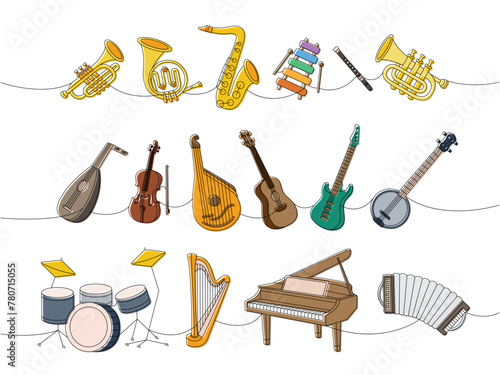 Musical instruments set. Tuba, trumpet, french horn, saxophone, xylophone, flute, lute, violin, bandura, acoustic guitar, american banjo, drum kit.