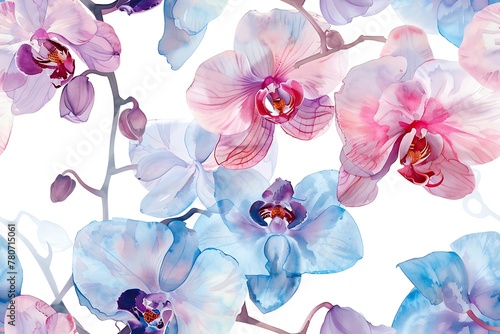 Watercolors of orchid flowers, seamless pattern tile.